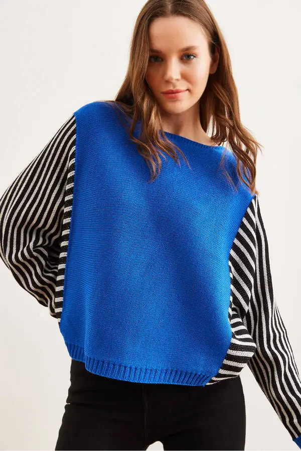 Women's Saks Blue Sleeve Detailed Knitted Pullover KZK-19000817 - 1