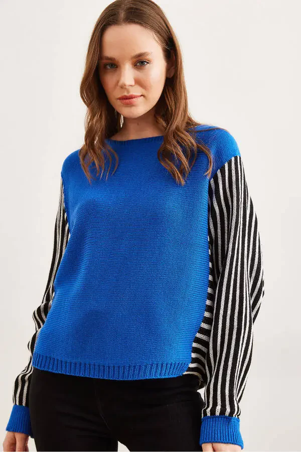 Women's Saks Blue Sleeve Detailed Knitted Pullover KZK-19000817 - 3