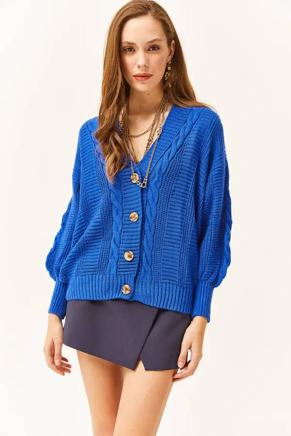Women's Saks Blue Thick Hair Braided Knitted Cardigan HRK-19000082 - 1