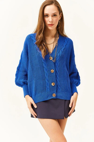 Women's Saks Blue Thick Hair Braided Knitted Cardigan HRK-19000082 - OLALOOK (1)