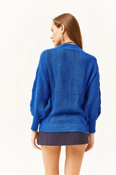 Women's Saks Blue Thick Hair Braided Knitted Cardigan HRK-19000082 - 5