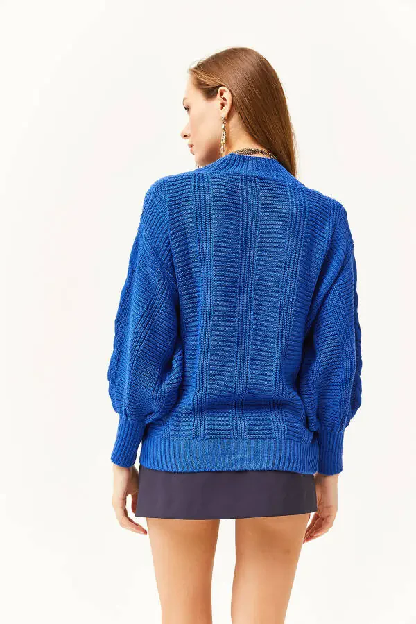 Women's Saks Blue Thick Hair Braided Knitted Cardigan HRK-19000082 - 5
