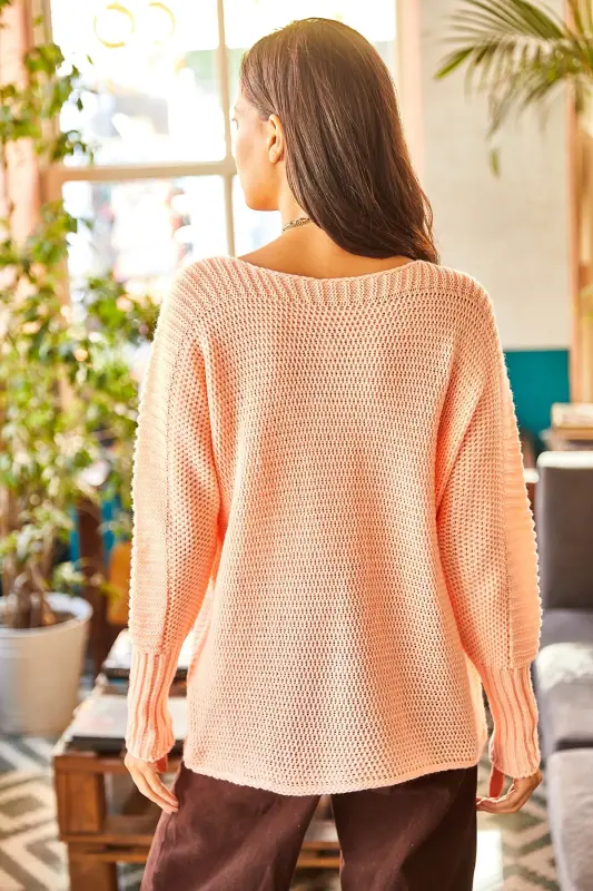 Women's Salmon Balloon Sleeve Honeycomb Knit Sweater KZK-19000399-Salmon - 6