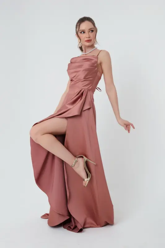 Women's Salmon Flounced Slit Satin Evening & Graduation Dress-Salmon - 1