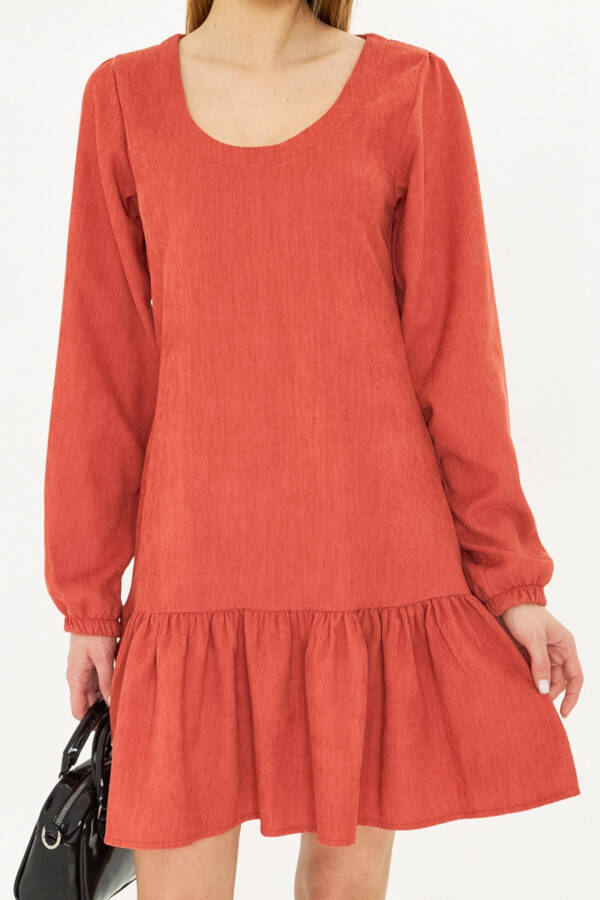 Women's Salmon U Neck Ruffle Hem Elasticated Sleeve - 2