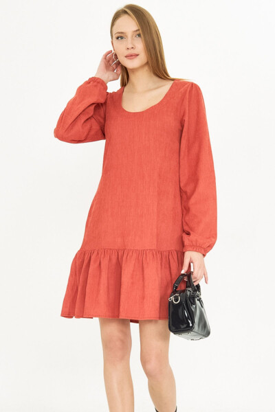 Women's Salmon U Neck Ruffle Hem Elasticated Sleeve - 3