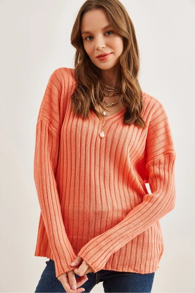 Women's Salmon V-Neck Ribbed Knit Sweater KZK-19000820 - OLALOOK