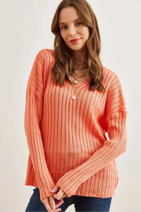Women's Salmon V-Neck Ribbed Knit Sweater KZK-19000820 - 1