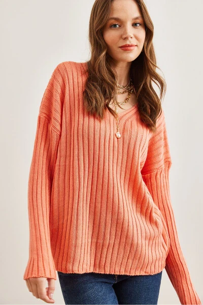 Women's Salmon V-Neck Ribbed Knit Sweater KZK-19000820 - OLALOOK (1)