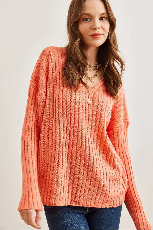 Women's Salmon V-Neck Ribbed Knit Sweater KZK-19000820 - 2