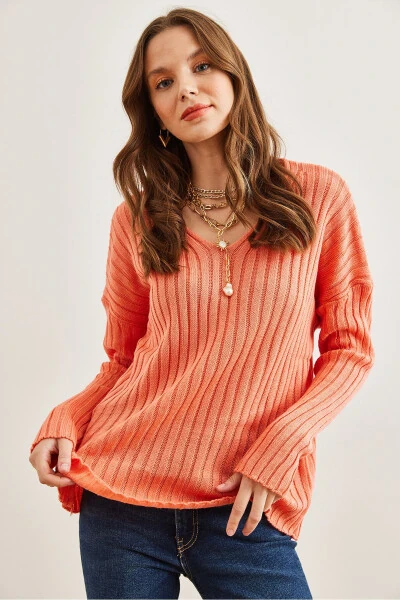 Women's Salmon V-Neck Ribbed Knit Sweater KZK-19000820 - 3