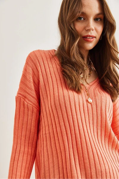 Women's Salmon V-Neck Ribbed Knit Sweater KZK-19000820 - 4