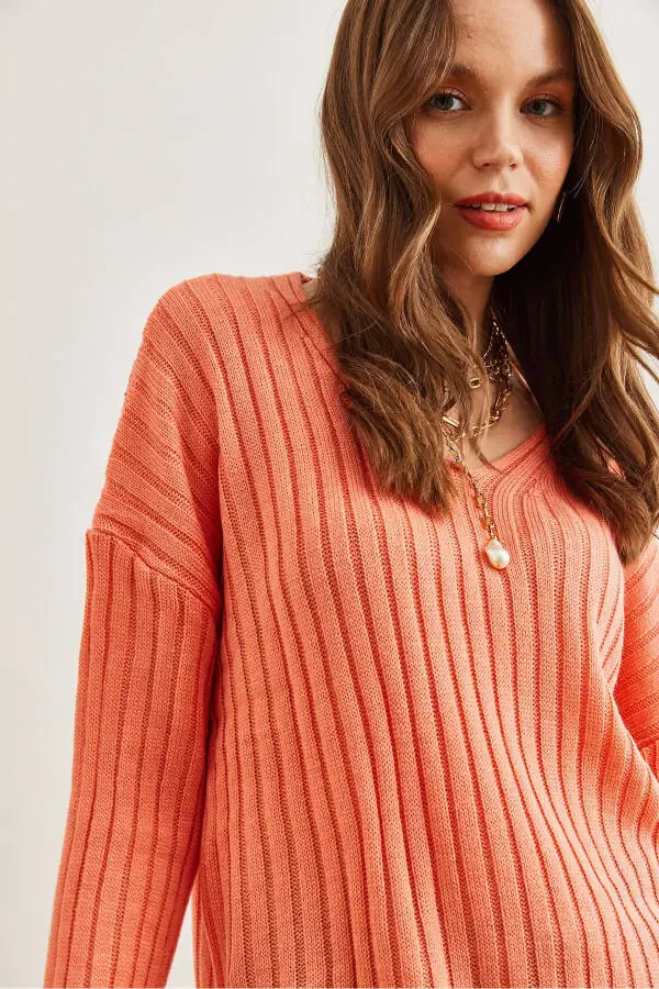 Women's Salmon V-Neck Ribbed Knit Sweater KZK-19000820 - 4
