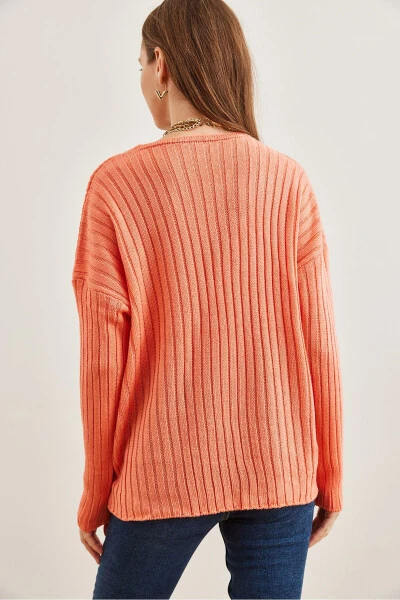 Women's Salmon V-Neck Ribbed Knit Sweater KZK-19000820 - 5
