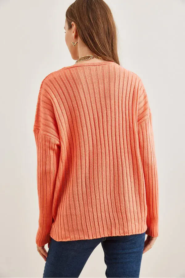 Women's Salmon V-Neck Ribbed Knit Sweater KZK-19000820 - 5