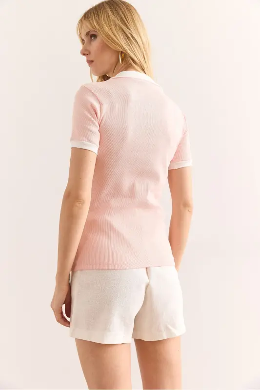 Women's Salmon White Polo Neck Color Detailed Flexible Cotton - 2