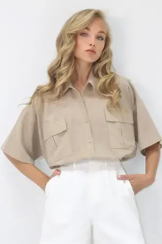 Women's Sand Beige Double Pocket Half Sleeve Linen Shirt ALC-X9991 - 1