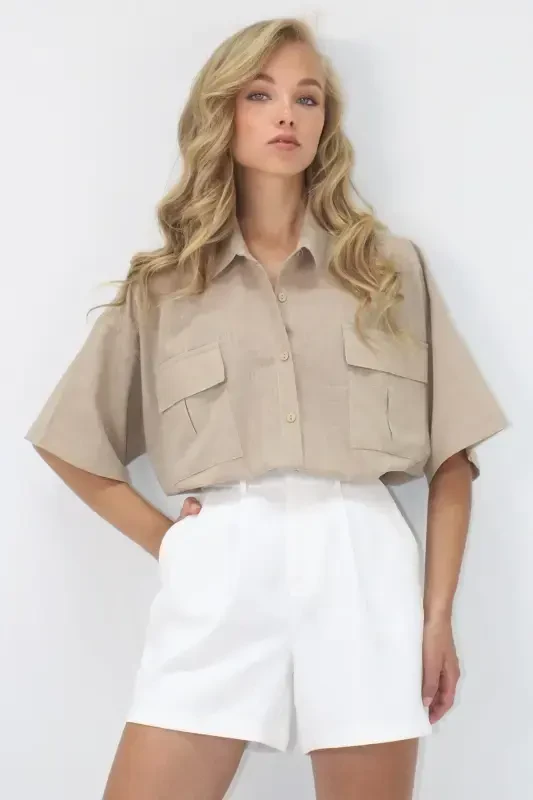 Women's Sand Beige Double Pocket Half Sleeve Linen Shirt ALC-X9991 - 2