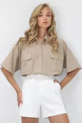 Women's Sand Beige Double Pocket Half Sleeve Linen Shirt ALC-X9991 - 3