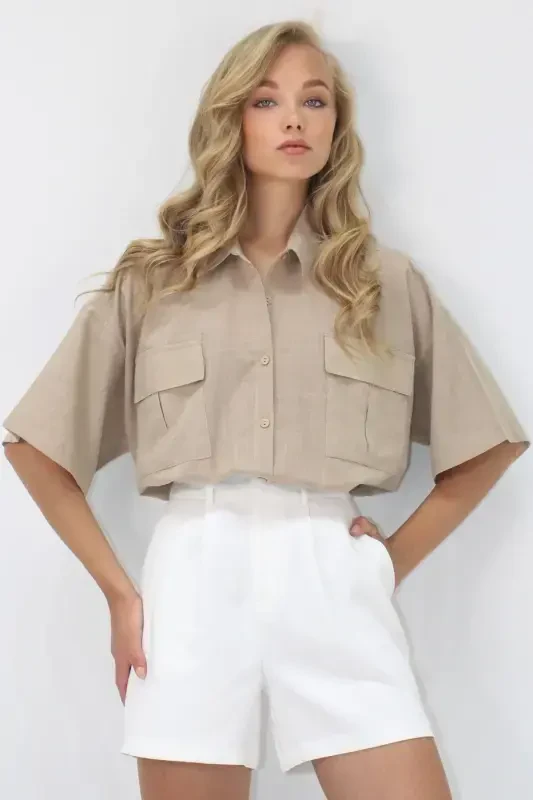 Women's Sand Beige Double Pocket Half Sleeve Linen Shirt ALC-X9991 - 3