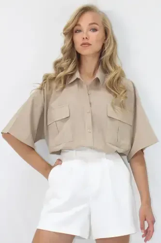 Women's Sand Beige Double Pocket Half Sleeve Linen Shirt ALC-X9991 - 4