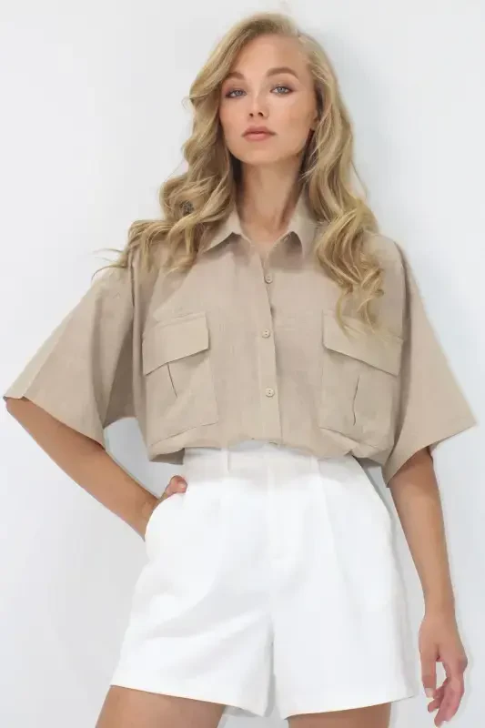 Women's Sand Beige Double Pocket Half Sleeve Linen Shirt ALC-X9991 - 4