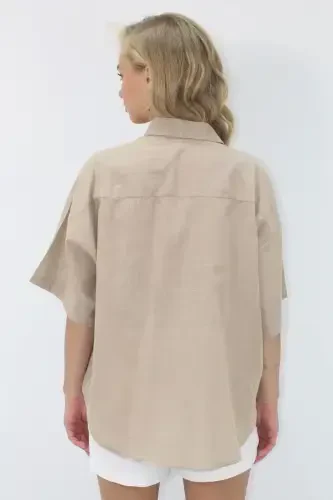 Women's Sand Beige Double Pocket Half Sleeve Linen Shirt ALC-X9991 - 5
