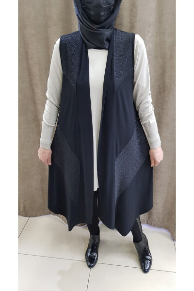 Women's Sandy Fabric Sequined Long Black Vest - HESNA