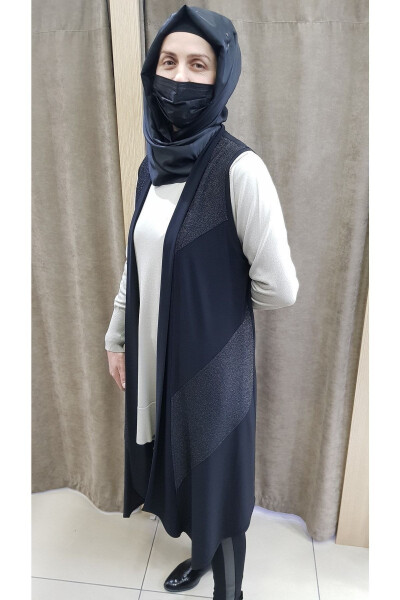 Women's Sandy Fabric Sequined Long Black Vest - HESNA (1)