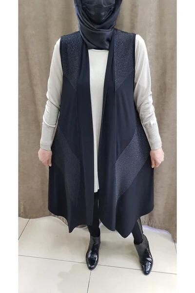 Women's Sandy Fabric Sequined Long Black Vest - HESNA