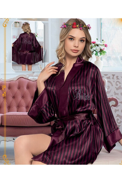 Women's Satin Bride Embroidered Bridal Striped Robe - 1