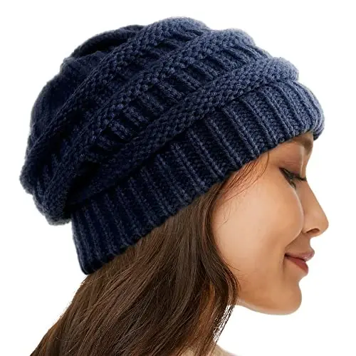 Women's Satin Lined Winter Beanie Hats Cable Knit Beanie for Men Silk Lining Thick Chunky Cap Soft Slouchy Warm Hat - 2