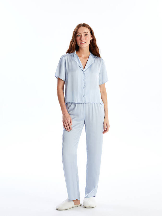 Women's Satin Pajama Set with Shirt Collar, Solid Color, Short Sleeves - 10