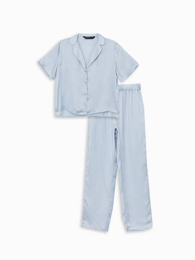 Women's Satin Pajama Set with Shirt Collar, Solid Color, Short Sleeves - 14