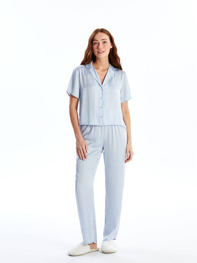 Women's Satin Pajama Set with Shirt Collar, Solid Color, Short Sleeves - 1