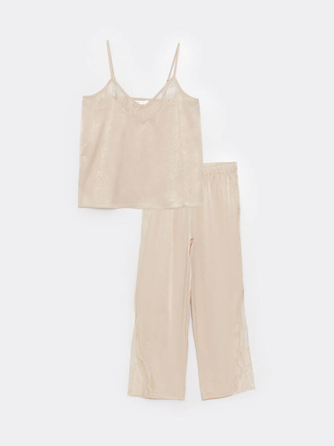 Women's Satin Pajama Set with V-Neck and Straight Straps - 7