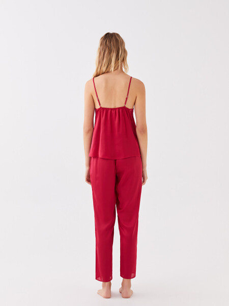 Women's Satin Pajama Set with V-Neck Lace Detail and Straps - 14