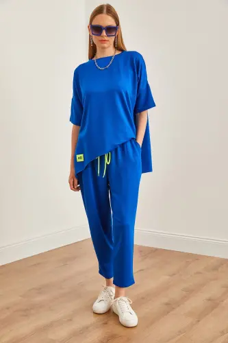 Women's Sax Blue Asymmetric Blouse Soft Touch Al 