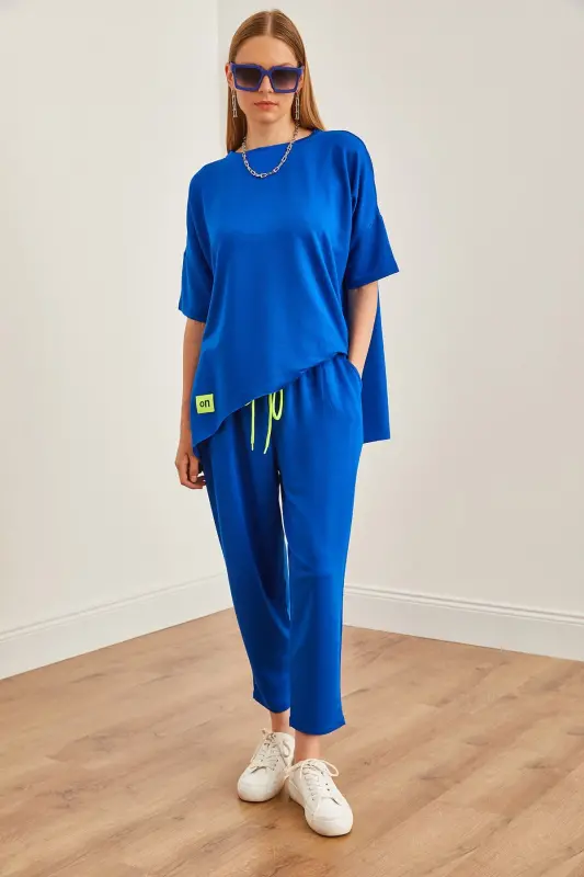 Women's Sax Blue Asymmetric Blouse Soft Touch Al - OLALOOK