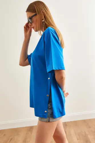 Women's Sax Blue Button Detail Cotton T-Shirt TSH-1 