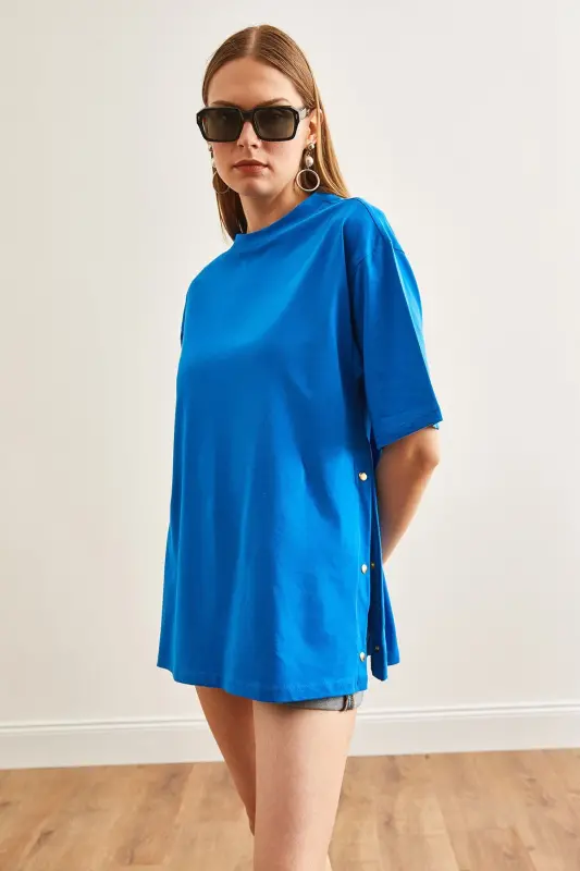 Women's Sax Blue Button Detail Cotton T-Shirt TSH-1 - 2