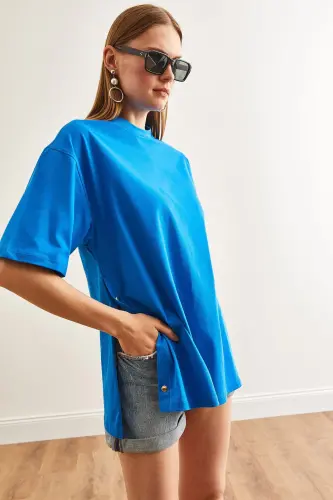 Women's Sax Blue Button Detail Cotton T-Shirt TSH-1 - 3