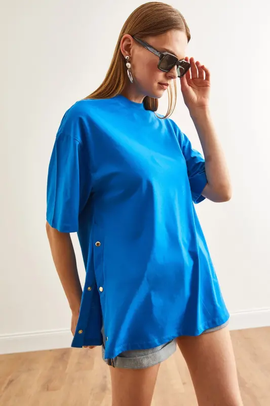 Women's Sax Blue Button Detail Cotton T-Shirt TSH-1 - 4