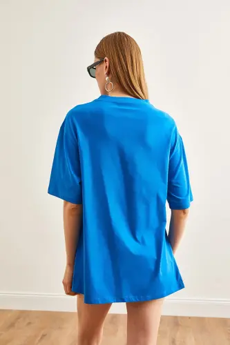 Women's Sax Blue Button Detail Cotton T-Shirt TSH-1 - 5