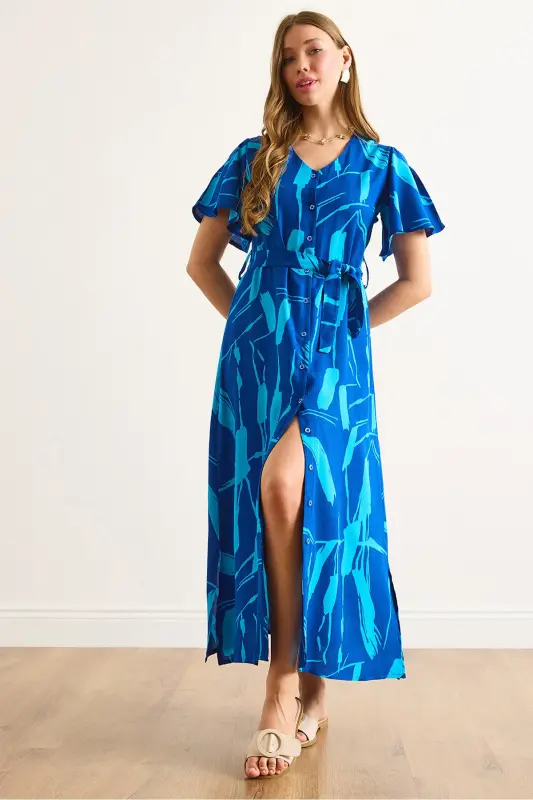 Women's Sax Blue Buttoned Belted Maxi Viscose Shirt Dress ELB-19002382-Sax Blue - OLALOOK