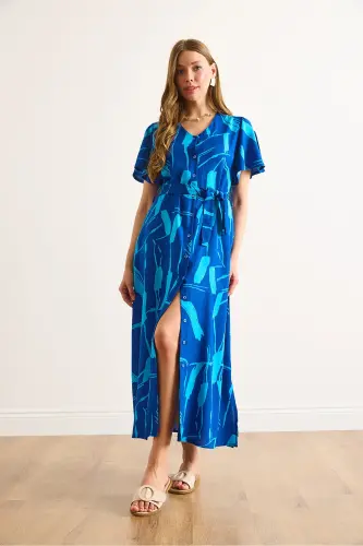 Women's Sax Blue Buttoned Belted Maxi Viscose Shirt Dress ELB-19002382-Sax Blue - OLALOOK (1)