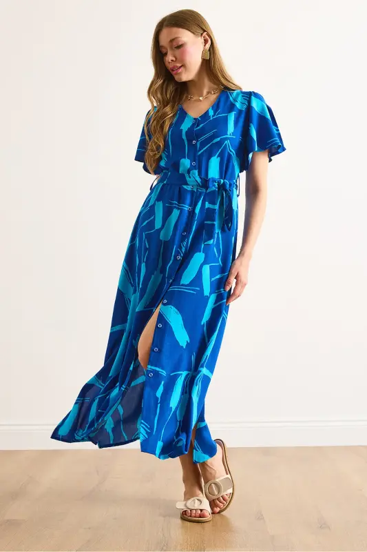 Women's Sax Blue Buttoned Belted Maxi Viscose Shirt Dress ELB-19002382-Sax Blue - 3