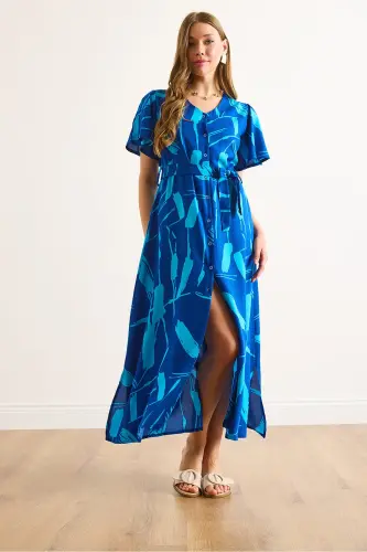 Women's Sax Blue Buttoned Belted Maxi Viscose Shirt Dress ELB-19002382-Sax Blue - 4