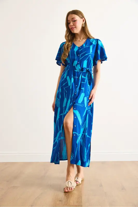 Women's Sax Blue Buttoned Belted Maxi Viscose Shirt Dress ELB-19002382-Sax Blue - 5