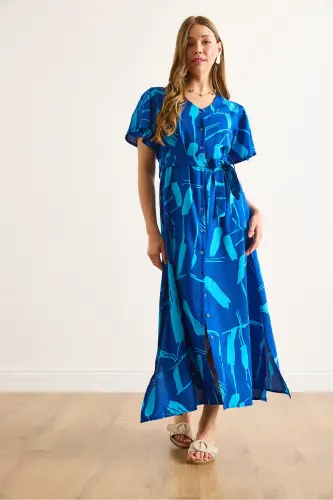 Women's Sax Blue Buttoned Belted Maxi Viscose Shirt Dress ELB-19002382-Sax Blue - 6